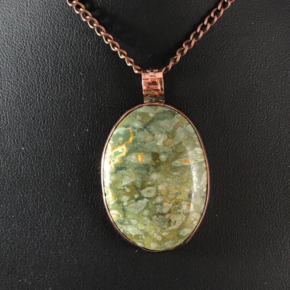 Handmade by HM Simon Jewelry - Moss Jasper Cabochon Copper Necklace B-1-32